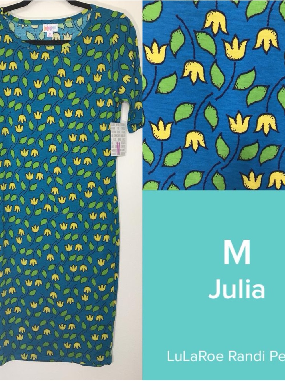 LuLaRoe Julia Dress in Blue with Yellow and Green Floral Print